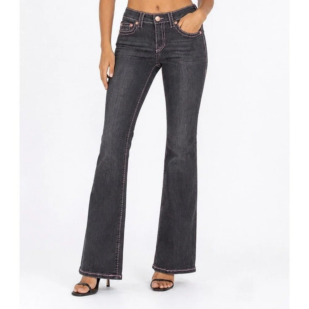 True Religion Becca Women Pink Big T Stitch Bootcut Jeans Washed Black Size 27